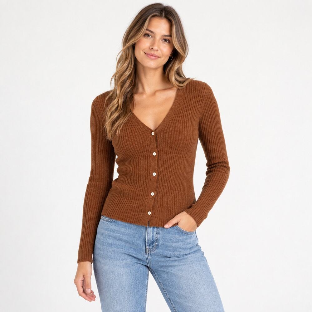 NWOT Everlane Cashmere Ribbed V-Neck Cardigan In Heathered Toffee Size Small